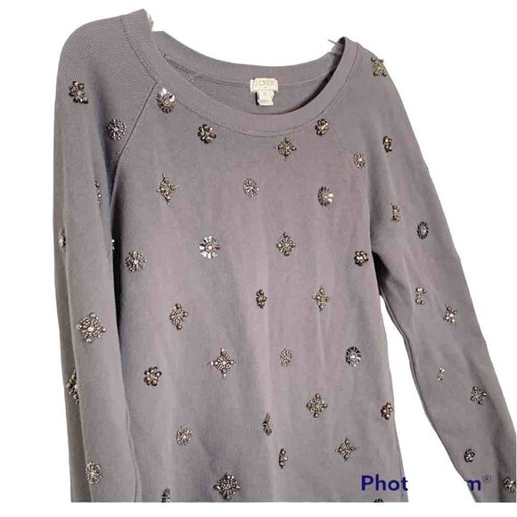 J. Crew Grey Silver Sparkle Beaded Accents Crewneck Sweatshirt Women’s S Holiday - Picture 7 of 13